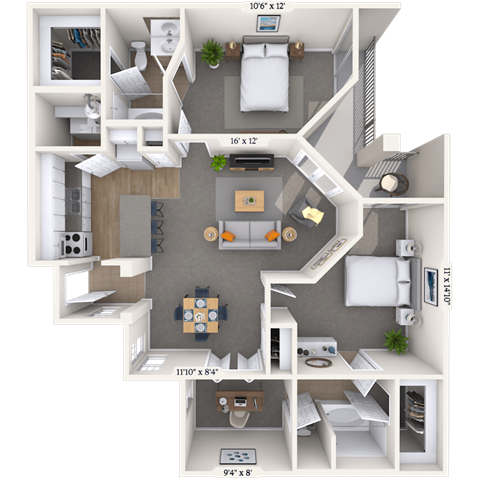 Floor plan for 2 beds, 2 baths, 1157 sqft